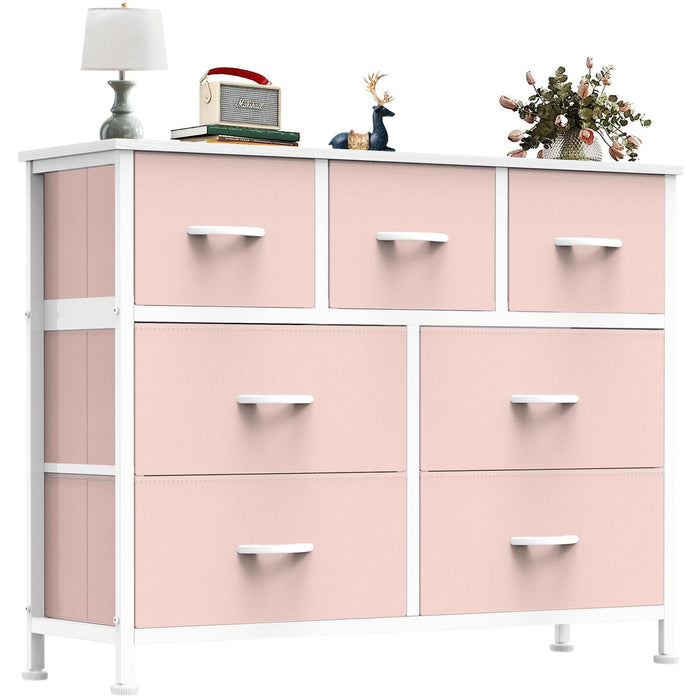 Bigleap 7 Drawer Dresser TV Stand, Dresser with Metal Frame and Wood Top, Chest of Drawers for Bedroom, Living Room, Pink
