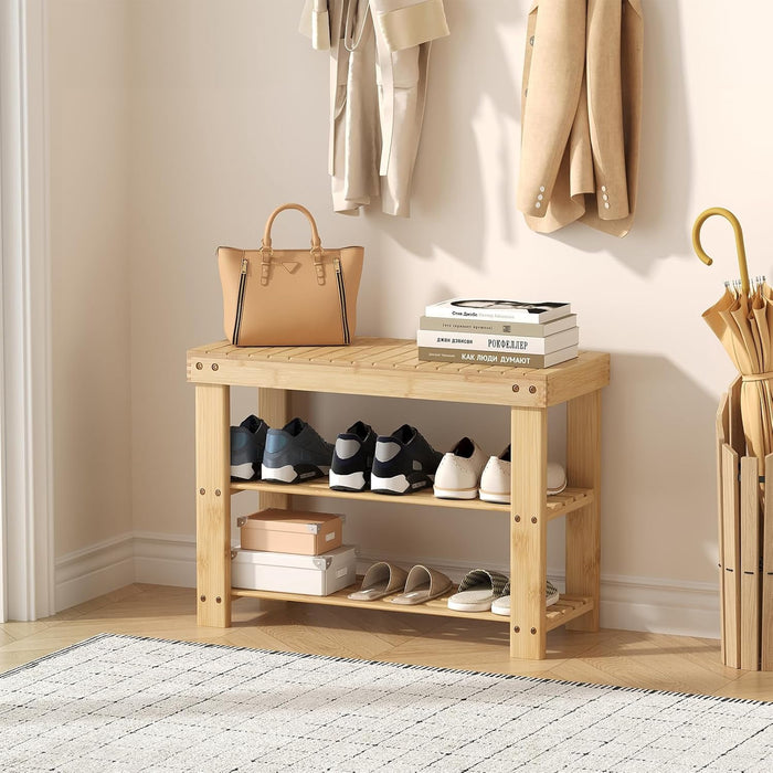 Betcozy 3-Tier Entryway Shoe Bench with Storage, Modern Minimalist Wooden Shoe Rack Organizer, Heavy Duty Seating Bench & Utility Shelf for Hallway, Living Room, Bedroom (35", Wood