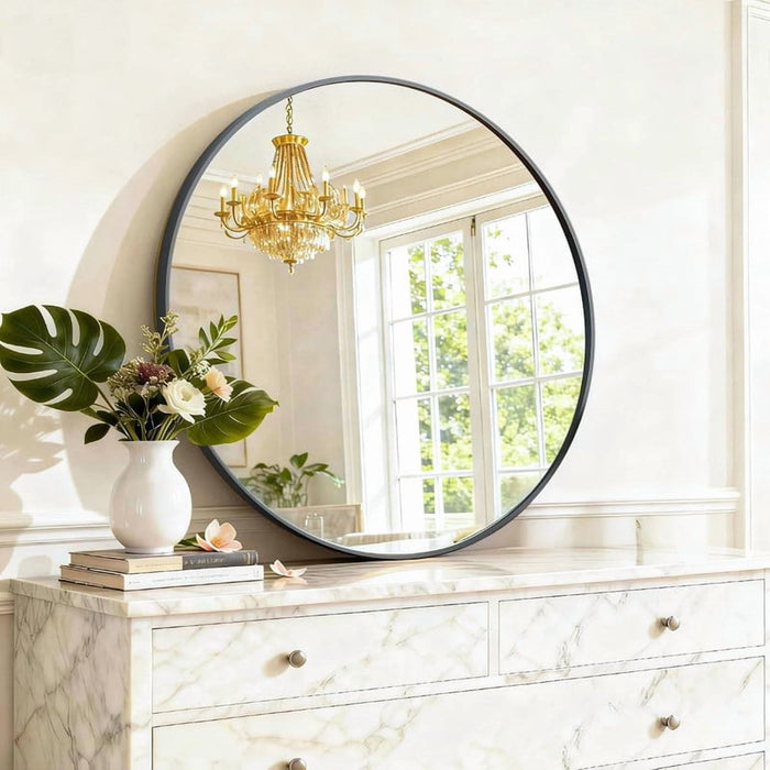 Bigleap 24'' Bathroom Mirror,Round Wall Mirror with Black Metal Frame for Vanity, Entryway, Bedroom & Living Room – Large Circle Mirror
