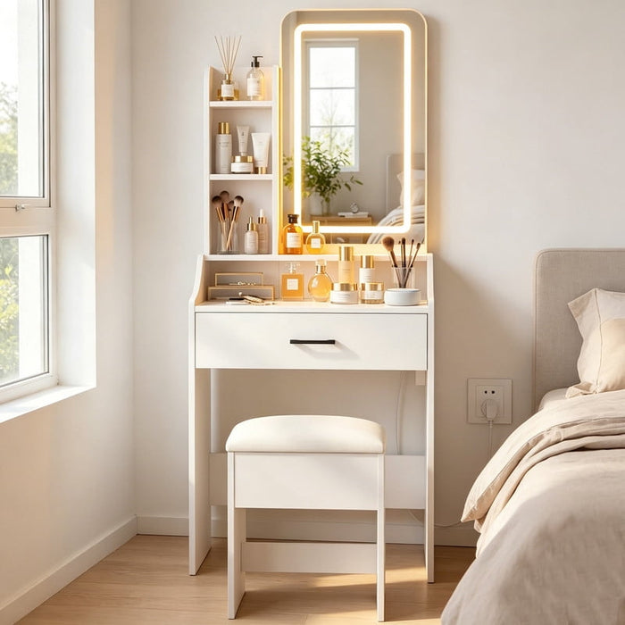 Simenmax 24" White Makeup Vanity Set with Mirror, Built-in Power Outlet & 3 Lighting Modes, Vanity Desk with Stool, Space-Saving Beauty Station with USB & Hairdryer Holder
