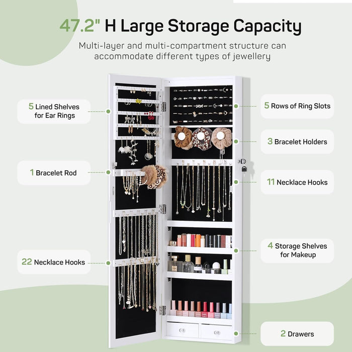 TINKLE WELL Jewelry Cabinet Organizer with Mirror, Wall or Door Mounted Jewelry Storage, 47.2 Inch Large Capacity Armoire with 6 LEDs Secure Lock, White