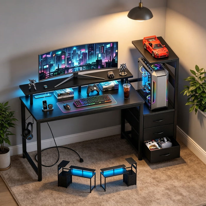 Betcozy Gaming Desk with LED Lights and 3 Drawers, Reversible Computer Desk with Full Monitor Stand and Power Outlet, 52" Home Office Desk with CPU Storage Tower, Carbon Fiber Black