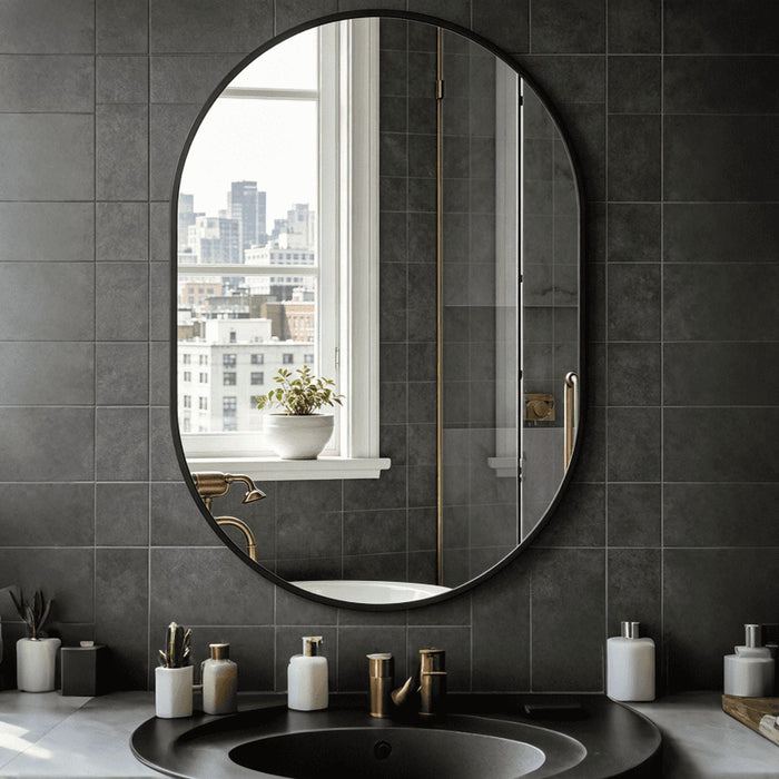 Blorly Modern Oval Wall Mirror, 24"X36" Matte Black Metal Frame Mirror for Bathroom Vanity, Entryway, Living Room, HD Reflection Rust-Resistant Decorative Hanging Mirror, Black