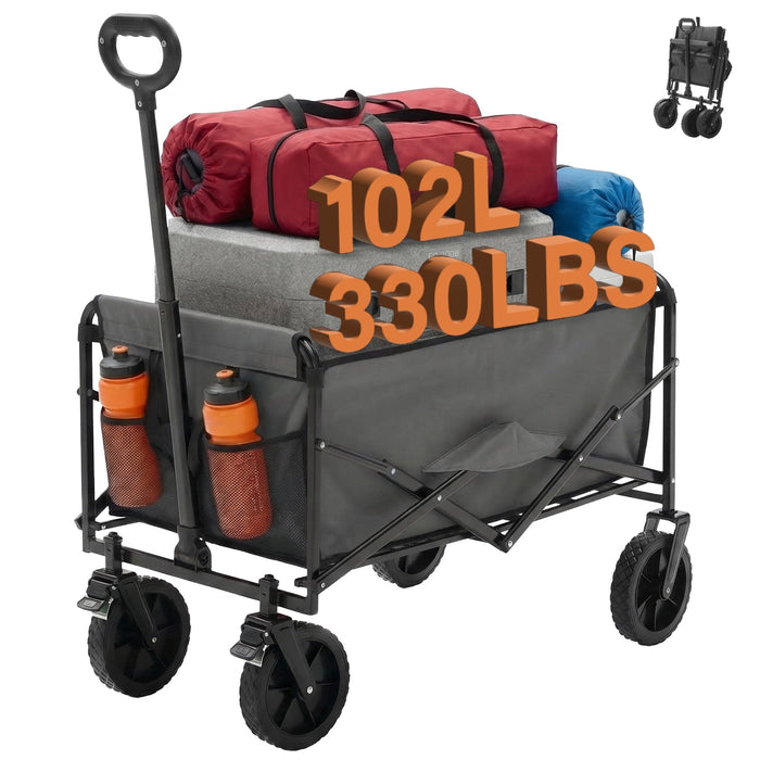 Taoset Heavy Duty Collapsible Folding Wagon, 102L All Terrain Utility Cart with Removable Wheels & Brakes, Adjustable Handle Mesh Pockets Beach Wagon for Camping Grocery Shopping Garden, Gray