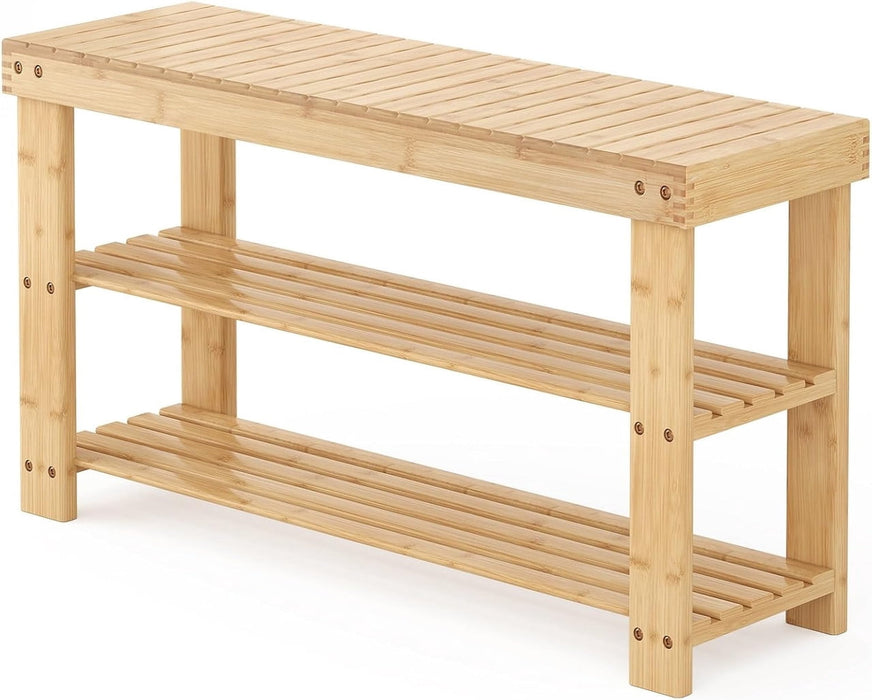 Bigleap 3-Tier Bamboo Shoe Rack Bench, Entryway Storage Organizer for Hallway, Bedroom, Balcony, Small Spaces,Wood,11.3''x 35.4'' x 17.8''