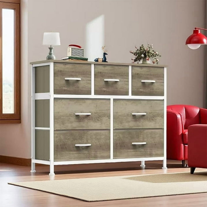 Betcozy 7-Drawer Fabric Dresser, Horizontal TV Stand & Main Bedroom Clothes Storage Unit, Metal Frame with Wooden Top, Smoked ash