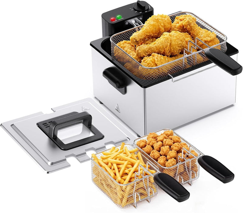 Simenmax 5.3QT Electric Deep Fryer with Basket ¨C 1800W, Stainless Steel Fryer for Chicken, Shrimp, Fries,Silver