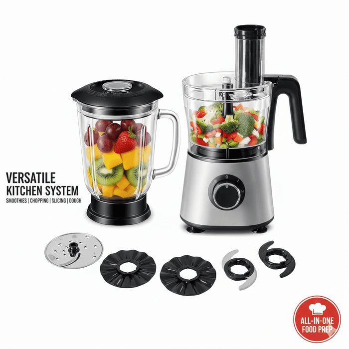 Blorly Food Processor Blender Combo, 10-in-1 Multi-Purpose Electric Food Processor for Slicing, Dough Kneading, Chopping & Puree, 1.5L Glass Blender Jar & 1.5L Processing Bowl, 300W, 2 Speeds + Pulse, Black