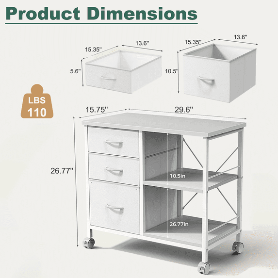 Aidoly Mobile Workstation with Storage Drawers - Locking Rolling Cart for Printer, Office Equipment & Supplies