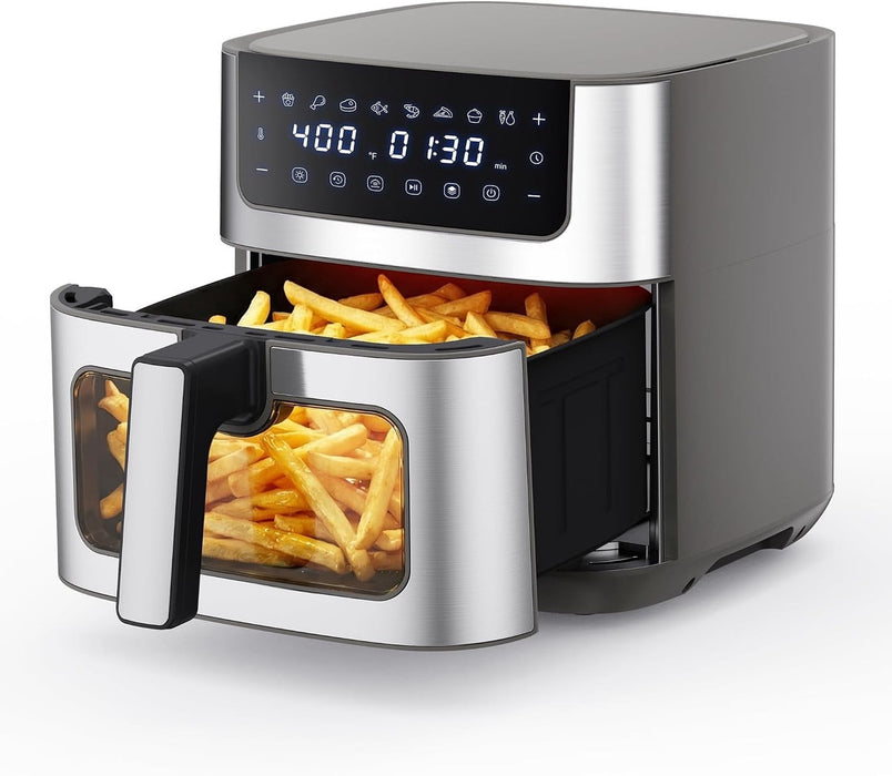 Simenmax 6.34QT Air Fryer with Window, 400¡ãF Stainless Steel Digital Oven, 8-in-1 Presets, Dishwasher-Safe Basket, Auto Shut-Off,Gray