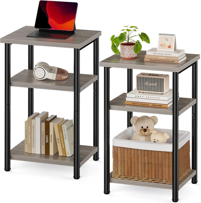 Nextay 3-Tier End Table, Side Table with Storage Shelf and Adjustable Feet, Small Nightstand for Living Room, Bedroom, Office, 2-Pack,Gray