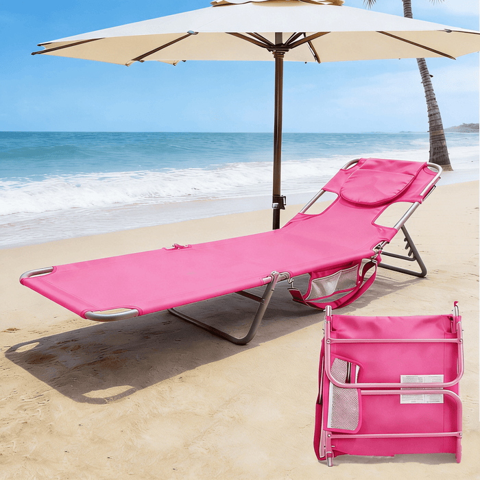 Blorly Beach Lounge Chair, Foldable & Portable Tanning Recliner, Camping Cot for Pool, Patio, Pink