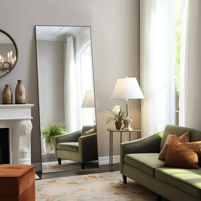 Full Length Mirror Standing Rectangle Floor Mirrors Body Dressing Wall-Mounted Mirror, Black