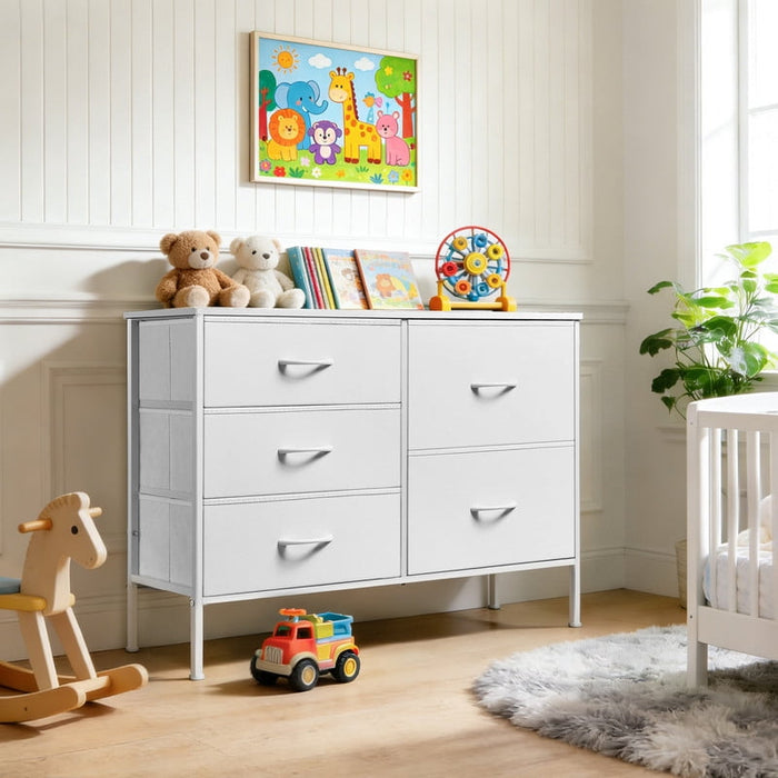 Blorly 5 Drawers Dresser, Storage Dresser Organizer with Drawers, Chest of Drawers, TV Stand Dresser with Metal Frame and Wood Tabletop for Bedroom, Guest Room, Closet, Entryway, Nursery, White