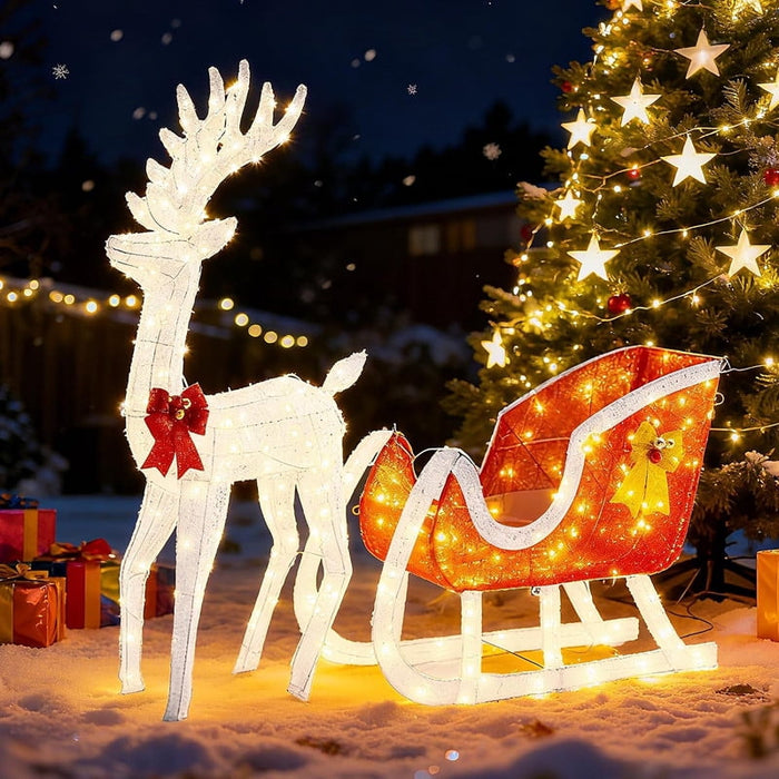 Simenmax 4 FT Pre-Lit Christmas Reindeer & Santa Sleigh Set, 180 Warm White LED Lights, Holiday Yard Decoration for Lawn, Porch, Garden & Entryway, White