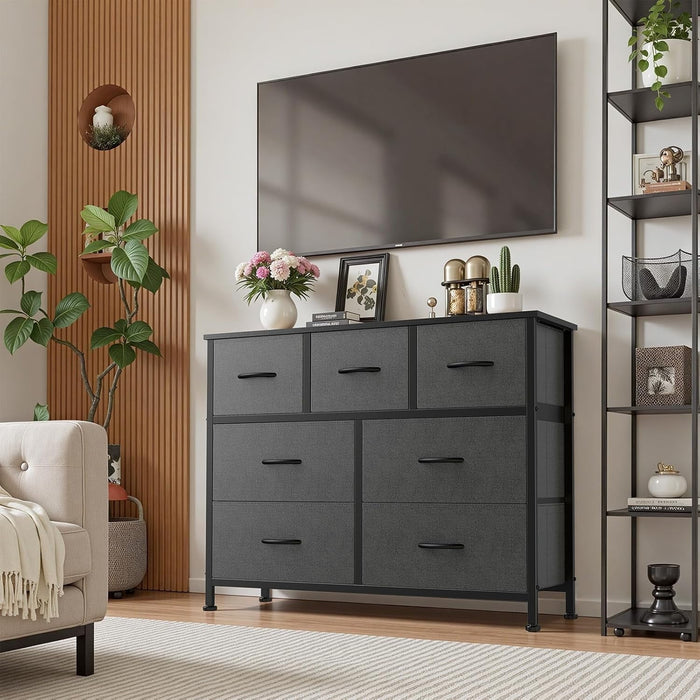 Betcozy 7-Drawer Fabric Dresser, Horizontal TV Stand & Main Bedroom Clothes Storage Unit, Metal Frame with Wooden Top, Gray