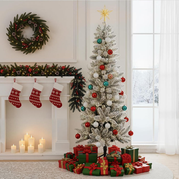 Blorly 9ft Christmas Tree, Pre-lit Artificial Spruce Christmas Pencil Trees with Led Light, Snow Flocked, Hinged Spruce Xmas Tree for Home, Office, Party