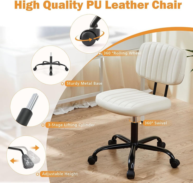 TINKLE WELL Armless Office Desk Chair with Wheels, Adjustable Height 360° Rolling Swivel Lumbar Support Low-Back Computer Chair, PU Leather