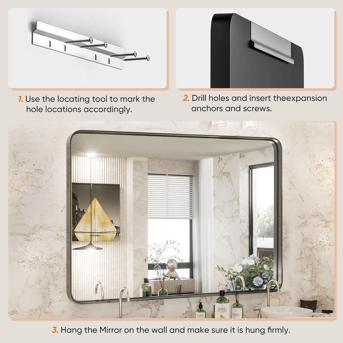 30x40" Black Vanity Bathroom Mirror for Wall, Metal Framed Rounded Rectangular Modern Mirrors for Over Sink, Farmhouse, Tempered Glass, Hangs Horizontally or Vertically