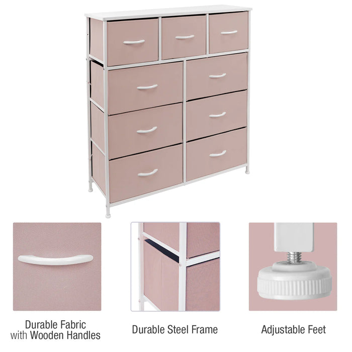 Simenmax 9 Drawers Dresser for Bedroom, Tall Fabric Closet Chests Organizer Tower Furniture with Wooden Top Metal Frame for Bed Room, Living Room, Hallway, Entryway,Pink