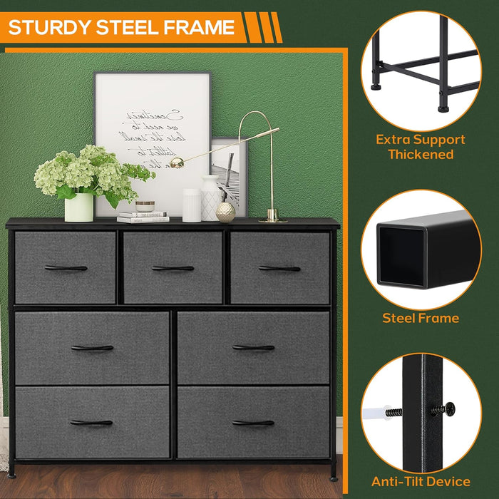 Bigleap 7 Drawer Dresser, Wide Chest Of Drawers Nightstand Storage Tower Storage Dresser Fabric Dresser With Wood Top for Living Room, Bedroom, Hallway, Nursery, Grey