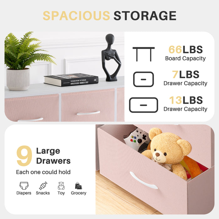 Bigleap 9 Drawers Dresser for Bedroom, Fabric Dresser with Sturdy Steel Frame, Wooden Top & Easy Pull Fabric Bins,Pink