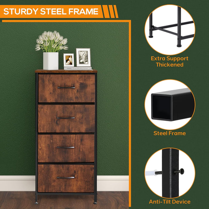 Bigleap 4 Drawer Dresser, Tall Chest Of Drawers Nightstand Storage Tower Storage Dresser Fabric Dresser With Wood Top for Living Room, Bedroom, Hallway, Nursery, Rust