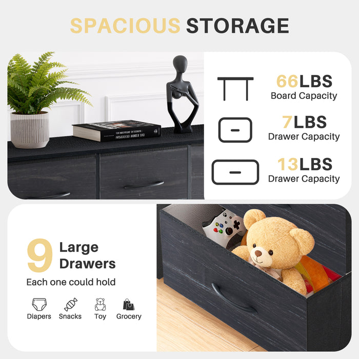 Bigleap 9 Drawers Dresser for Bedroom, Fabric Dresser with Sturdy Steel Frame, Wooden Top & Easy Pull Fabric Bins,Black Wood
