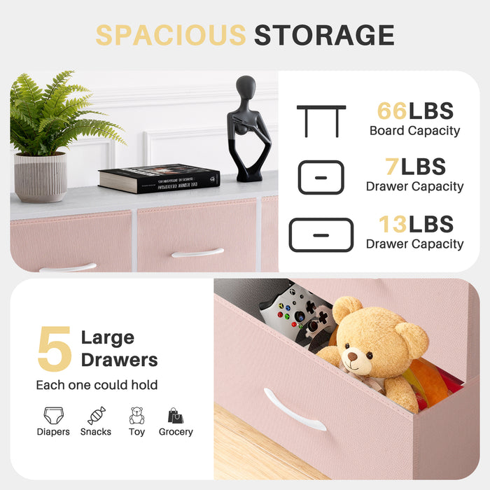 Bigleap 5 Drawers Dresser for Bedroom, Wide Dressers with Drawer Organizers, Chest of Drawers, Fabric Dresser for Living Room, Closet, Hallway,Pink