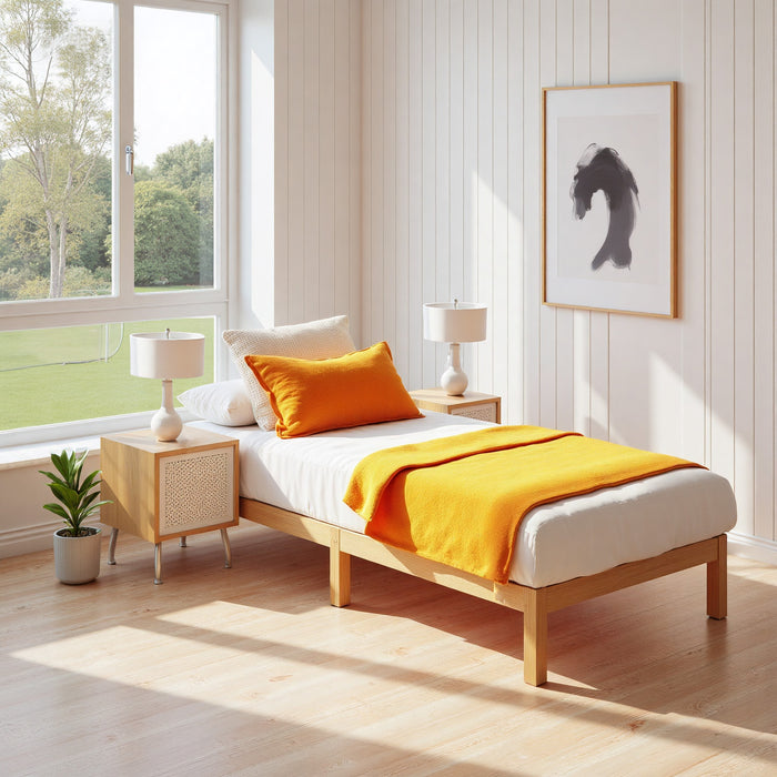 Sybels Wood Bed Frame, Natural Pine Platform with Slat Support, No Box Spring Required