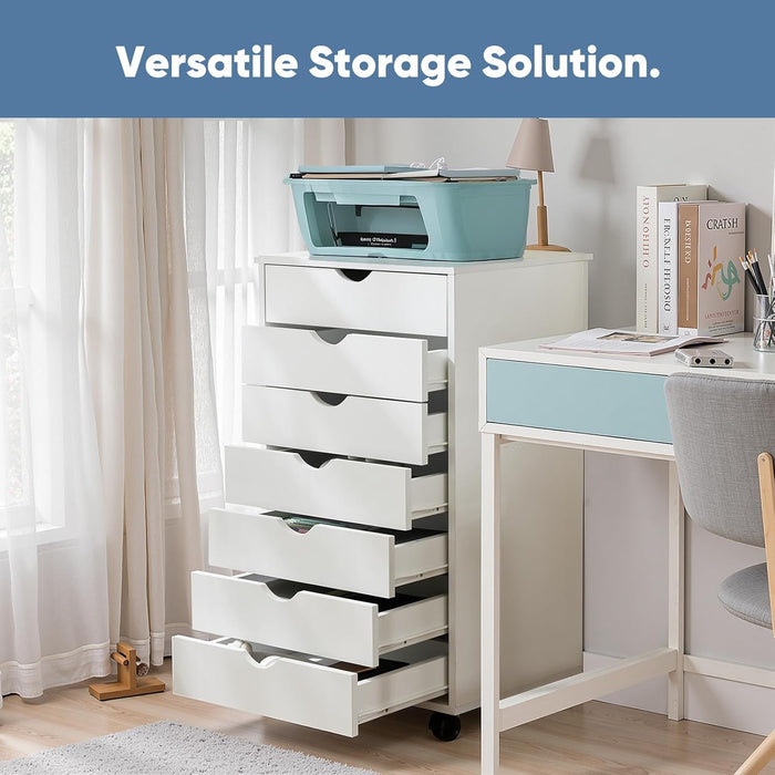 TINKLE WELL 7 Drawer Wooden Rolling File Cabinet, Mobile Compact Storage Dresser for Home Office Organization, White