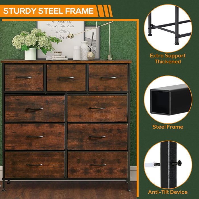 Bigleap 9 Drawer Dresser, Wide Chest Of Drawers Nightstand Storage Tower Storage Dresser Fabric Dresser With Wood Top for Living Room, Bedroom, Hallway, Nursery, Rust