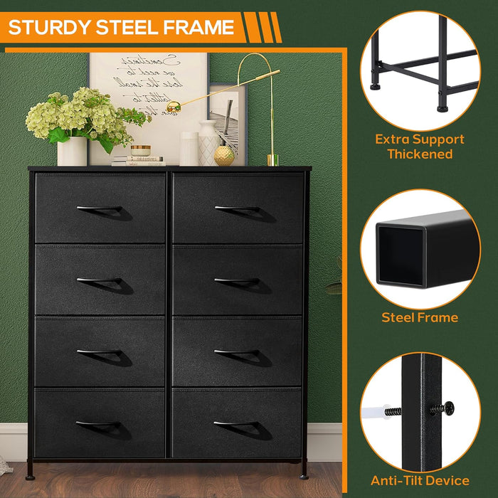 Bigleap 8 Drawer Dresser, Tall Chest Of Drawers Nightstand Storage Tower Storage Dresser Fabric Dresser With Wood Top for Living Room, Bedroom, Hallway, Nursery, Black