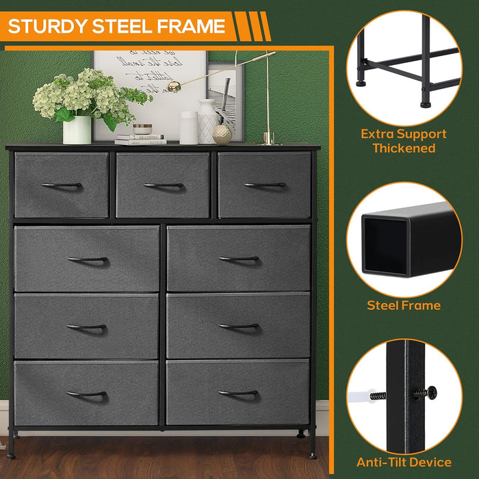 Bigleap 9 Drawer Dresser, Wide Chest Of Drawers Nightstand Storage Tower Storage Dresser Fabric Dresser With Wood Top for Living Room, Bedroom, Hallway, Nursery, Grey