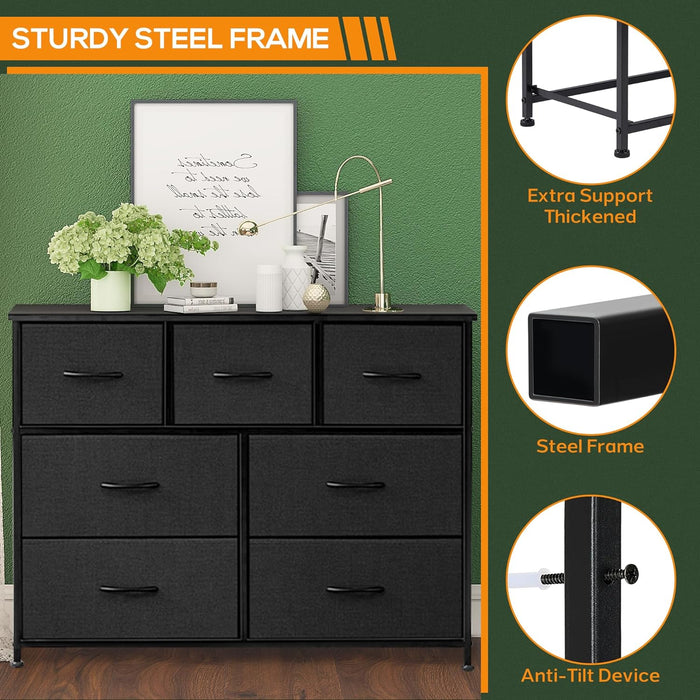 Bigleap 7 Drawer Dresser, Wide Chest Of Drawers Nightstand Storage Tower Storage Dresser Fabric Dresser With Wood Top for Living Room, Bedroom, Hallway, Nursery, Black
