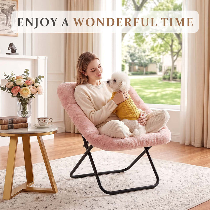 Comfy Saucer Chair, Folding Cozy Faux Fur Accent Seat with Thick Padded and Metal Frame, Single Leisure Chair for Living Room Bedroom