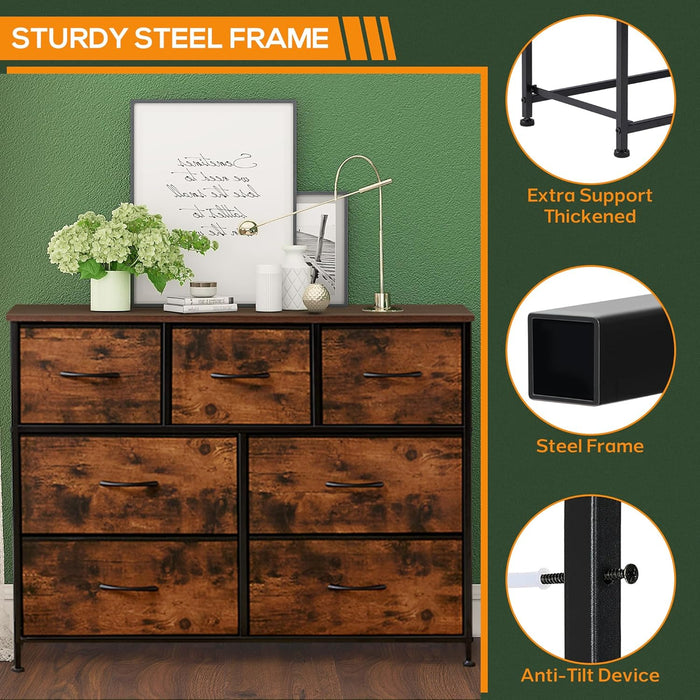 Bigleap 7 Drawer Dresser, Wide Chest Of Drawers Nightstand Storage Tower Storage Dresser Fabric Dresser With Wood Top for Living Room, Bedroom, Hallway, Nursery, Rust