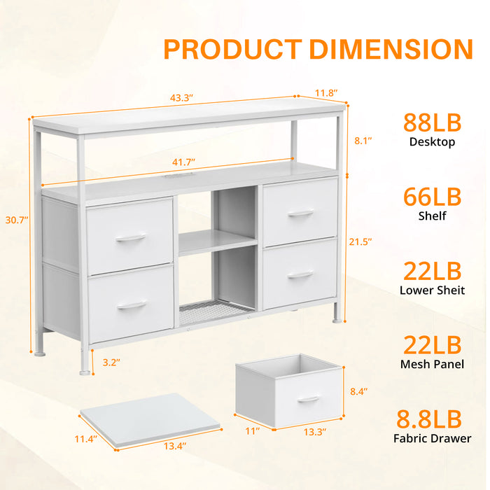 Simenmax TV Stand Dresser, Smart LED TV Stand with Charging Station, 4-Drawer Media Console for Living Room & Bedroom, Fits 50 Inch TV, Adjustable Feet, White