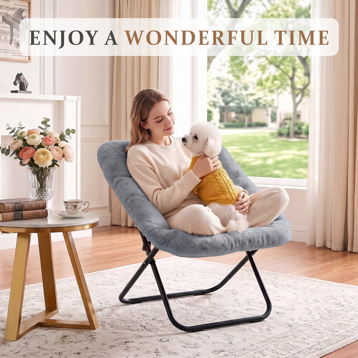 Comfy Saucer Chair, Folding Cozy Faux Fur Accent Seat with Thick Padded and Metal Frame, Single Leisure Chair for Living Room Bedroom