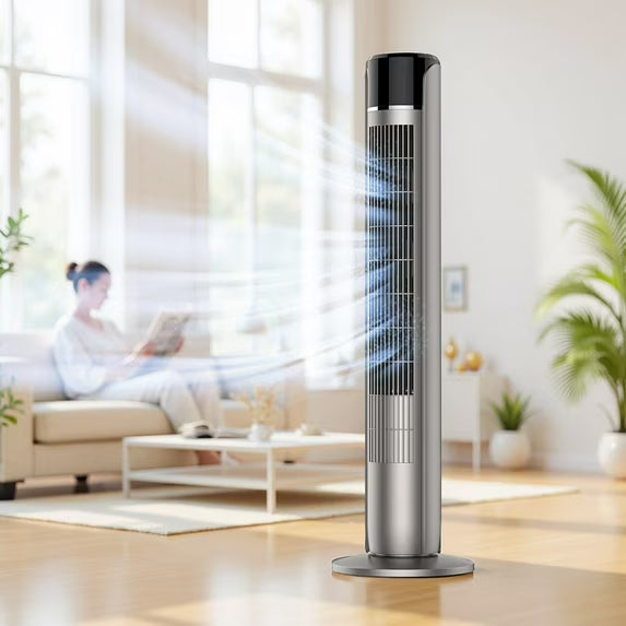 Sybels 35” Tower Fan with Remote, 5 Speed Settings, 4 Modes, 60° Wide Oscillation, 12-Hour Timer, Child Lock, Quiet Portable Cooling Fan for Bedroom, Office, Desk, Titanium Metallic Gray
