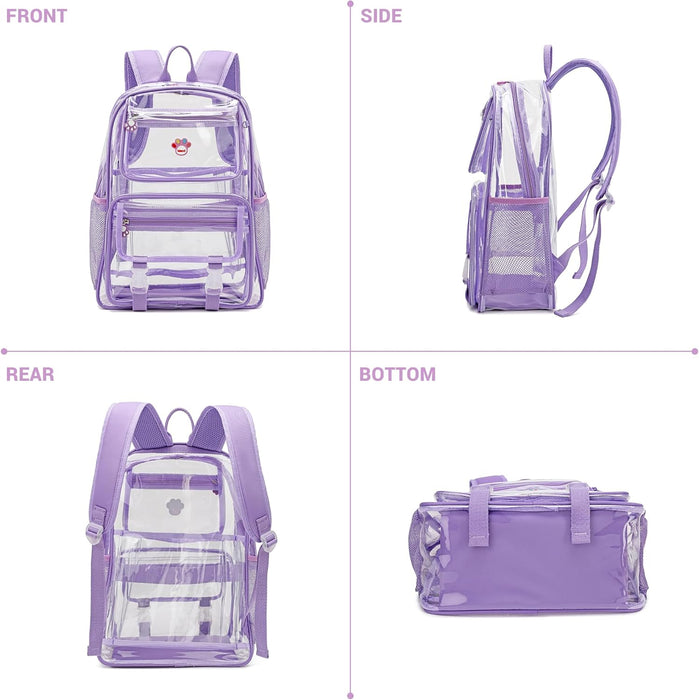 Large Clear Backpack for Girls, Cute Transparent Heavy Duty Stadium Approved PVC Kids School Book Bags With Free Pendant As Gift, Purple