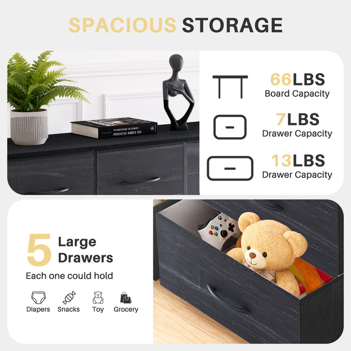 Bigleap 5 Drawers Dresser for Bedroom, Wide Dressers with Drawer Organizers, Chest of Drawers, Fabric Dresser for Living Room, Closet, Hallway,Black Wood
