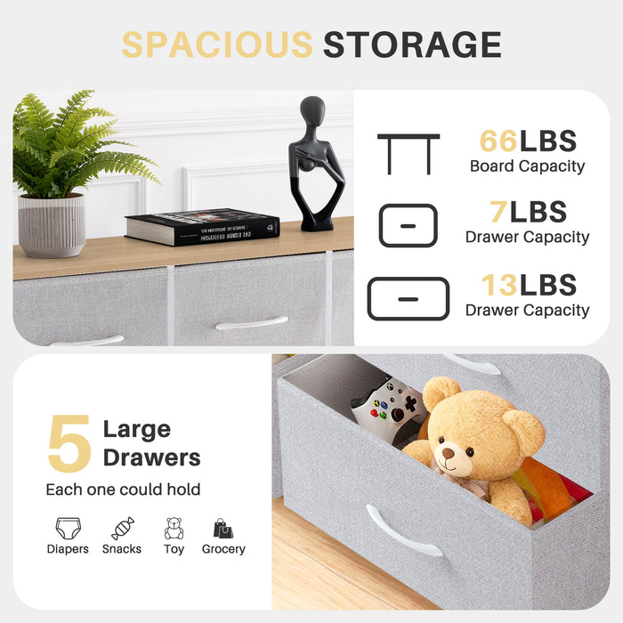 Bigleap 5 Drawers Dresser for Bedroom, Wide Dressers with Drawer Organizers, Chest of Drawers, Fabric Dresser for Living Room, Closet, Hallway,Light Gray