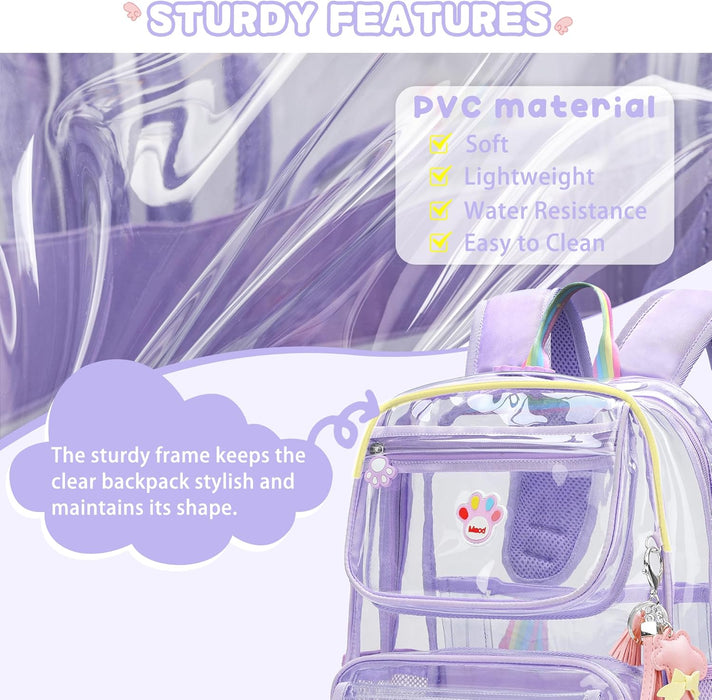 Clear Backpack for Girls, Cute Transparent Heavy Duty Stadium Approved PVC Kids School Book Bags With Free Pendant As Gift, Purple
