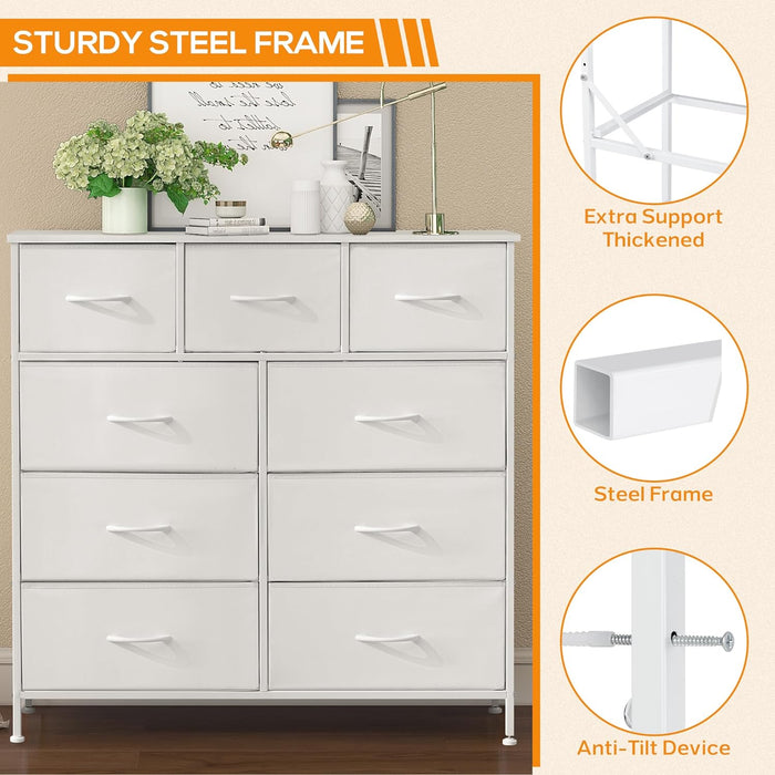 Bigleap 9 Drawer Dresser, Wide Chest Of Drawers Nightstand Storage Tower Storage Dresser Fabric Dresser With Wood Top for Living Room, Bedroom, Hallway, Nursery, White