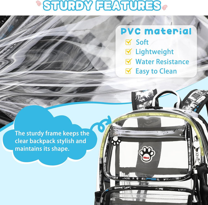Clear Backpack for Boys, Cute Transparent Heavy Duty Stadium Approved PVC Kids Schoolbag Book Bags With Free Pendant As Gift, Black