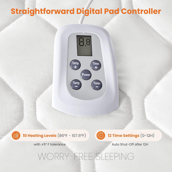 Sybels Ultra-Comfort Quilted Heated Mattress Pad | Full Size | 12 Heat Settings & Timer | Deep Pocket Design | ETL Certified (75"×54")