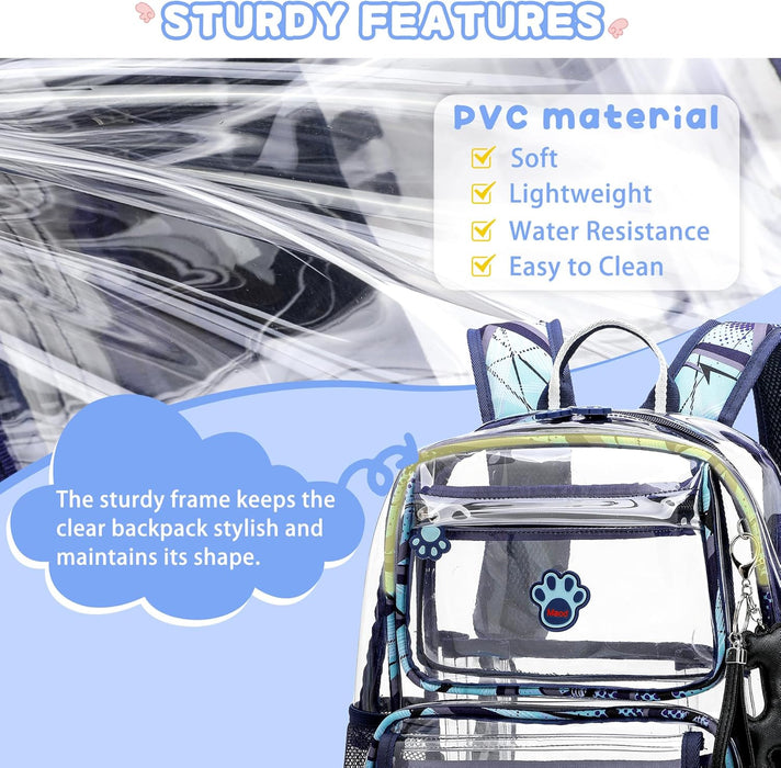 Clear Backpack for Boys, Cute Transparent Heavy Duty Stadium Approved PVC Kids School Book Bags With Free Pendant As Gift, Blue