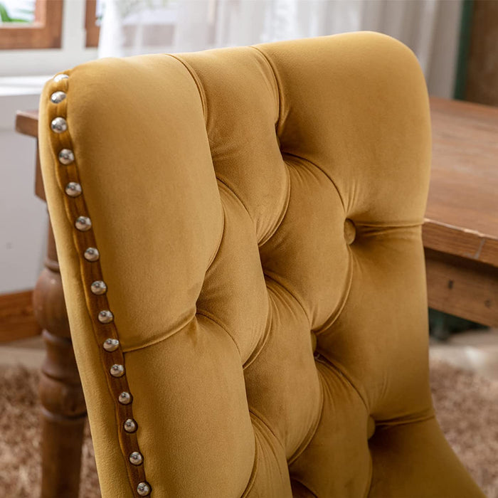 Set of 2 Dining Chairs, High End Velvet Upholstered Dining Chairs, Tufted Dining Chairs with Ring Back and Nailhead Trim-Yellow