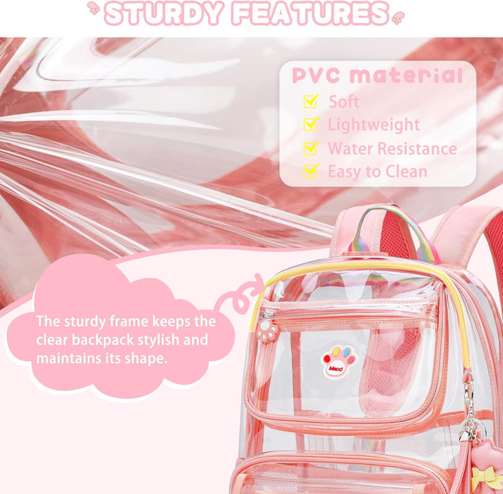 Clear Backpack for Girls, Cute Transparent Heavy Duty Stadium Approved PVC Kids Schoolbag Book Bags With Free Pendant As Gift, Pink